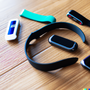 a variety of health sensors like glucose meters, blood pressure cuffs, smartwatches and fitness bands lying flat on a wooden table